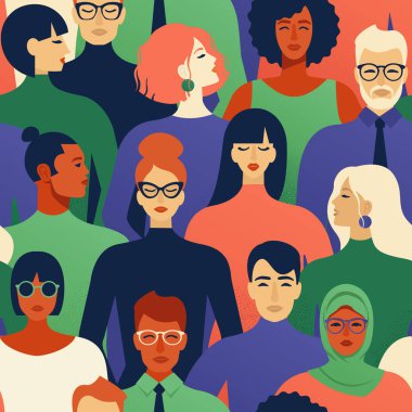 Dikişsiz desen birçok farklı insanlar profil başkanları. Vektör arka plan.