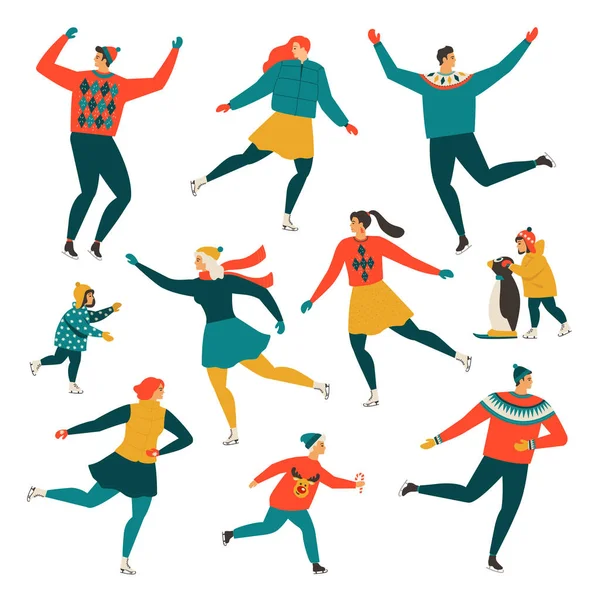 Crowd of tiny people dressed in winter clothes ice skating on rink. Men, women and children in seasonal outerwear on ice skates having fun outdoors. Colorful vector illustration in flat retro style. — Stock Vector