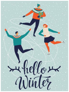 İnsanların pateni birlikte Merhaba kış. Vektör çizim.