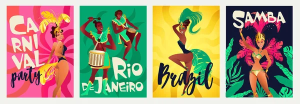 Festa Carnevale Annuale Brasiliana Celebrazioni Realistici Poster Colorati Impostati Con — Vettoriale Stock