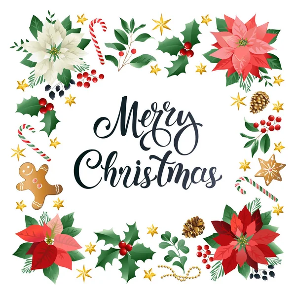 Boże Narodzenie z życzeniami z kaligraficznych sezon życzenia i skład uroczysty elementów takich jak pliki cookie, cukierki, jagody, ozdoby choinkowe, gałęzie sosnowe. — Wektor stockowy