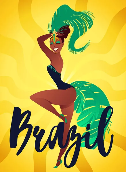 Carteles brasileños de samba. Carnaval en Río de Janeiro bailarines con un traje de festival está bailando. Ilustración vectorial . — Archivo Imágenes Vectoriales