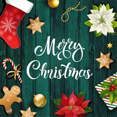 Noel satış tasarım kompozisyon Atatürk çiçeği, çam dalları, koniler, gingerbread, şeker kamışı, holly ve diğer bitkiler. Kapağı, davet, afiş ve tebrik kartı.