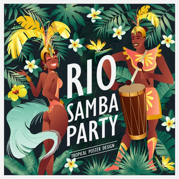 Bailarina brasileña de samba. Carnaval en Río de Janeiro las niñas y el tipo con un traje de festival está bailando. Ilustración vectorial . — Archivo Imágenes Vectoriales