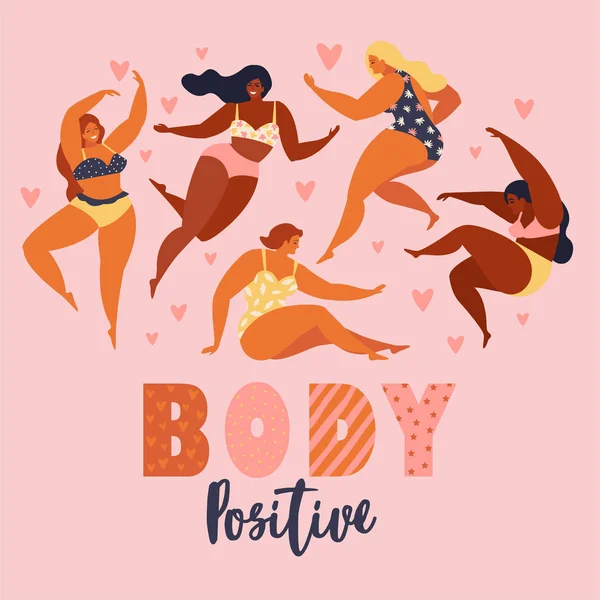 Corpo Positivo Happy Size Girls Active Healthy Lifestyle Ilustração Vetorial — Vetor de Stock