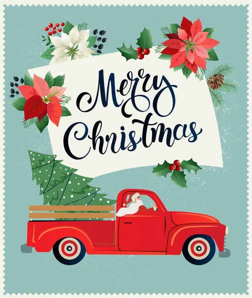Merry Christmas and Happy New Year Postcard or Poster or Flyer template with retro pickup truck with christmas tree. Vintage styled vector illustration. — Stock Vector