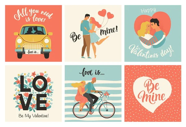 Collection of designs with cute loving couples. Valentines day card and other flyer templates with lettering. Typography poster, card, label, banner design set. Vector illustration. — Stock Vector