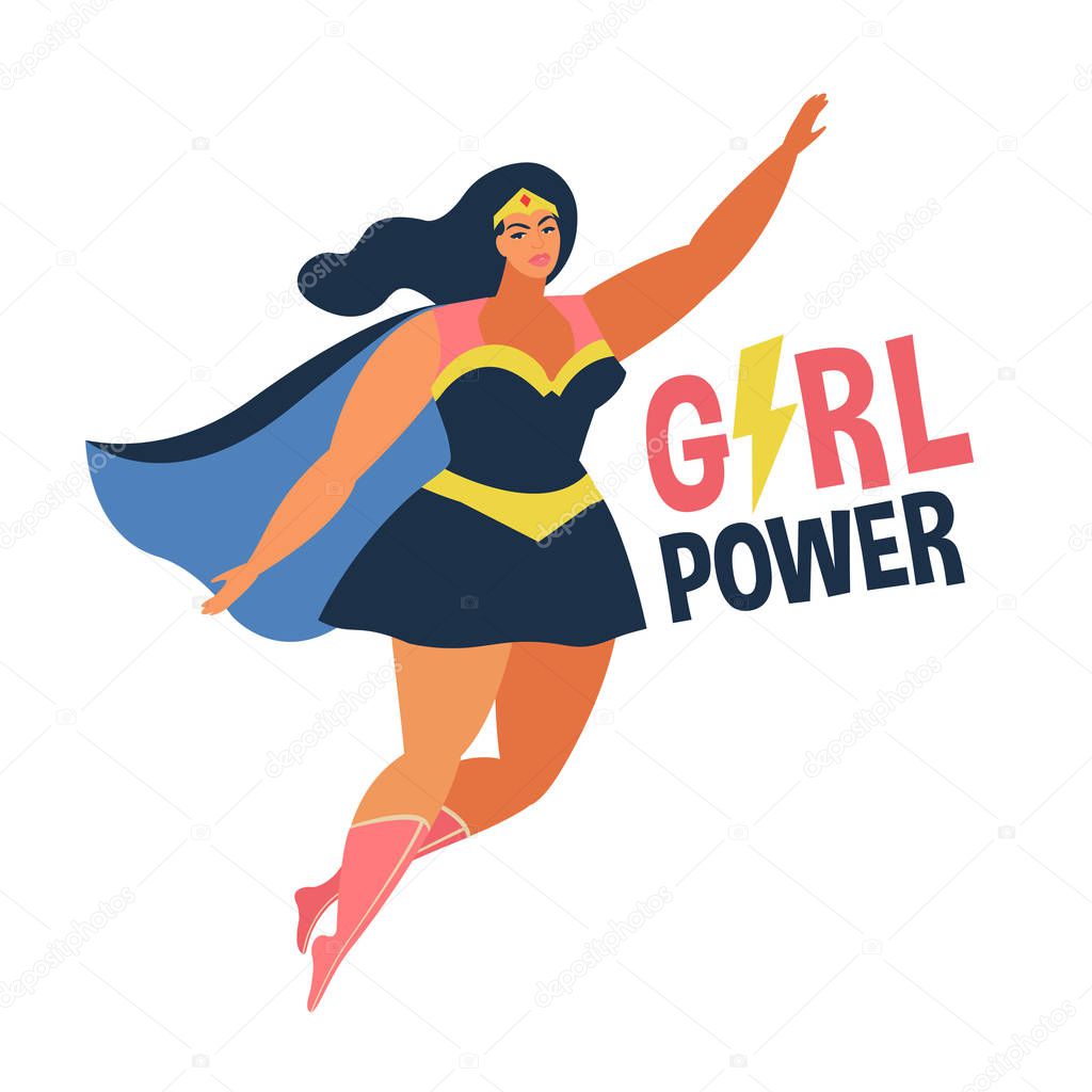 Vector illustrations in flat design of female superheroe in funny comics costume. Girl power concept.