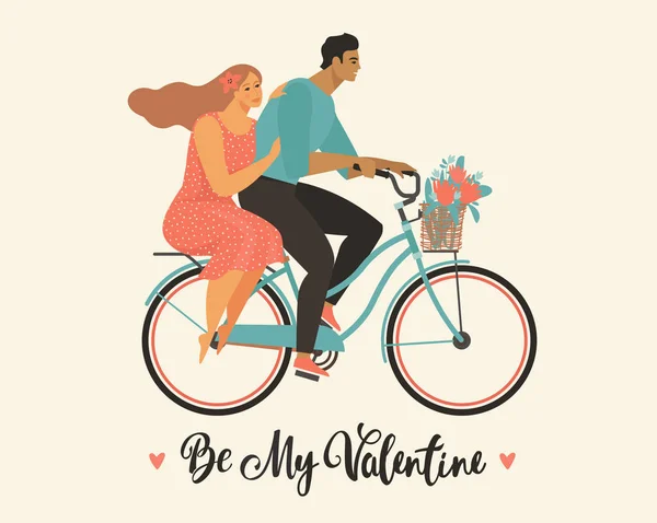 Szczęśliwa Para Jedzie Rower Razem Happy Valentines Dzień Wektor Ilustracja — Wektor stockowy