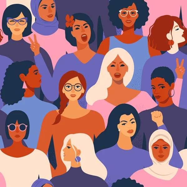 不同种族的女性多样化的面孔无缝的模式。赋予妇女权力的运动模式。国际女性日图形向量. — 图库矢量图片
