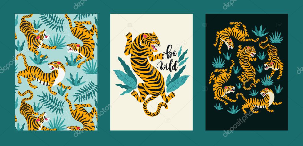 Poster set of tigers and tropical leaves. Trendy illustration.
