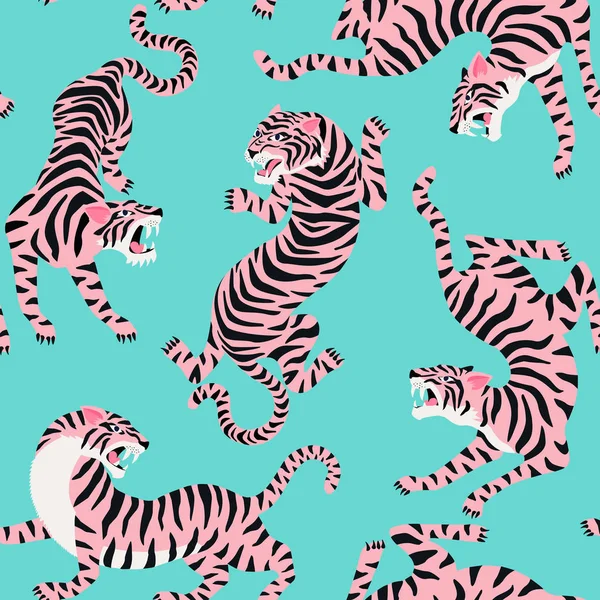 Vektornahtloses Muster mit niedlichen Tigern auf dem Hintergrund. Zirkustiershow. Modisches Stoffdesign. — Stockvektor