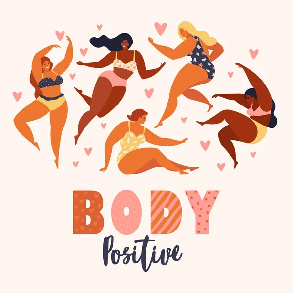 Cuerpo positivo. Me encanta tu cuerpo. Feliz además de las niñas de tamaño y estilo de vida saludable activa. Ilustración vectorial . — Archivo Imágenes Vectoriales