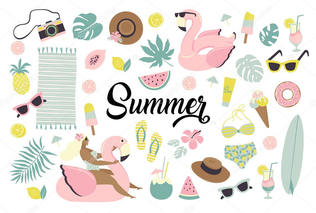 Set of cute summer icons food, drinks, ice cream, fruits, sunglasses, palm leaves and flamingo inflatable swimming pool ring.