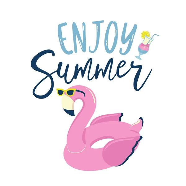 Flamingo aufblasbarer Schwimmbadring mit Sonnenbrille, Logo, handgezeichneten Tags und Elementen für Sommerurlaub, Reise, Strandurlaub, Sonne. — Stockvektor