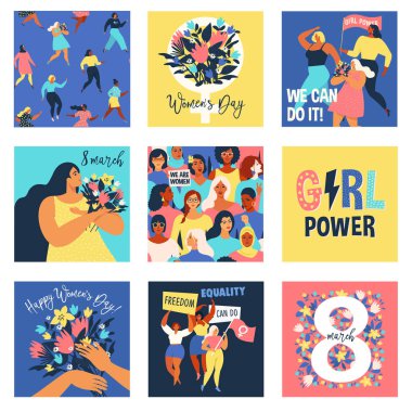 Vektör illusttation kümesi. 8 Mart Dünya Kadınlar günü. Feminizm konsept tasarım şablonu.