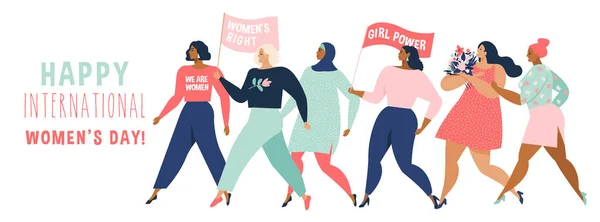 幸せな女性や女の子が一緒に立って手を握っている 女性の友人のグループ フェミニストの組合 姉妹関係 白い背景に隔離された平らな漫画のキャラクター カラフルなベクトルイラスト — ストックベクタ