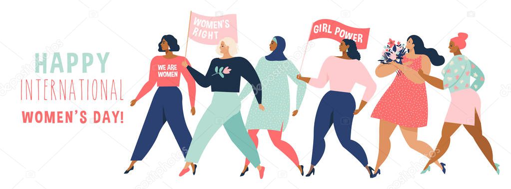 Happy women or girls standing together and holding hands. Group of female friends, union of feminists, sisterhood. Flat cartoon characters isolated on white background. Colorful vector illustration