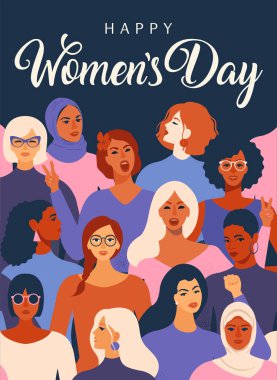 Female diverse faces of different ethnicity poster. Women empowerment movement pattern International womens day graphic in vector. clipart