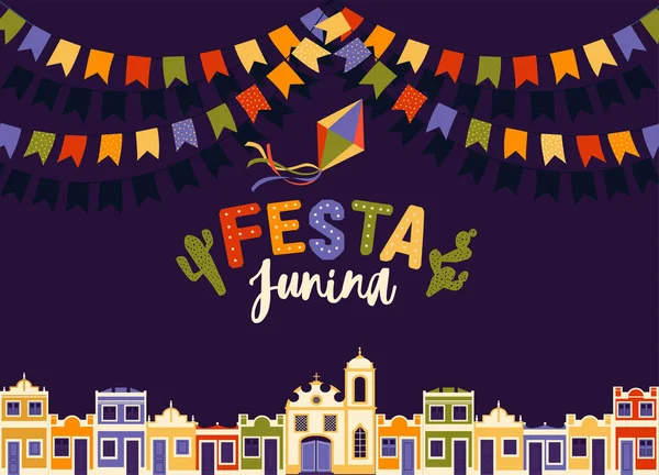 Fiesta de junio de Brasil, noche brillante el fondo con casas coloniales, iglesia, luces y banderas de colores y las palabras en portugués Festa Junina ilustración con lugar para la invitación anuncio . — Archivo Imágenes Vectoriales