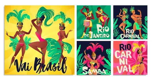 Carteles brasileños de samba. Carnaval en Río de Janeiro bailarines con un traje de festival está bailando. Ilustración vectorial . — Archivo Imágenes Vectoriales
