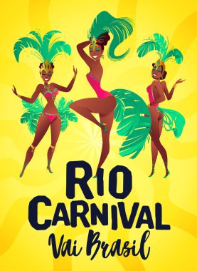 Brezilya samba posterler. Karnaval festival kostüm giyen Rio de Janeiro dansçılar dans ediyor. Vektör çizim.