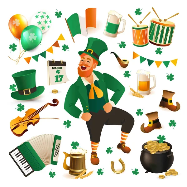 Zestaw ilustracji do obchodzi St Patricks Day. Krasnoludek, kapelusz, garnek złota, koniczyna i flagi. — Wektor stockowy