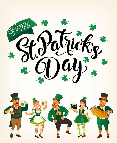 Día de San Patricio. Plantilla con gente divertida bailando en trajes festivos. Ilustración vectorial. Idea para banner, póster, tarjeta, postal e imprimible . — Archivo Imágenes Vectoriales