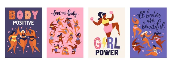 Feminisme lichaam positieve verticale kaarten met liefde voor eigen figuur, vrouwelijke vrijheid, meisje macht geïsoleerd vectorillustratie. — Stockvector