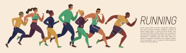 Koşu insanlar. Koşucular grup hareket. Kadın ve erkek spor arka çalışıyor. İnsanlar runner yarış, koşu ve illüstrasyon çalıştıran maraton için eğitim.