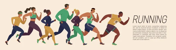 Orang yang suka jogging. Kelompok pelari bergerak. Menjalankan latar belakang olahraga pria dan wanita. Orang berlari ras, pelatihan untuk maraton, jogging dan berjalan ilustrasi . - Stok Vektor