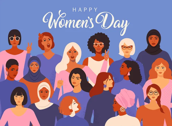 Caras femeninas diversas de diferentes etnias. Patrón de movimiento de empoderamiento de mujeres. Día Internacional de la Mujer vector gráfico . — Vector de stock