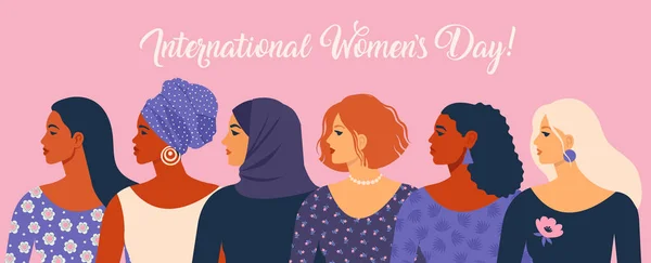 Internationaler Frauentag. Vektorillustration mit Frauen unterschiedlicher Nationalitäten und Kulturen. — Stockvektor