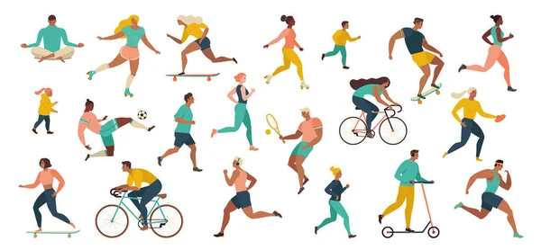 Koşu, Bisiklet sürme, top oyunu ve tenis oyunu yoga ve jimnastik egzersizleri yapıyor Park'ta spor faaliyetleri gerçekleştirmek insanların grup.