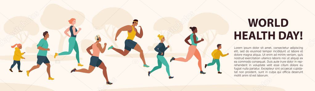 People Jogging Sport Family Fitness Run Training World Health Day 7 April Flat Vector Illustration.