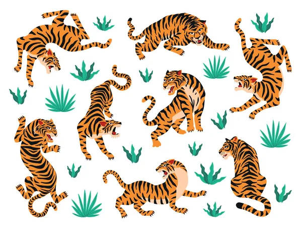 Conjunto vectorial de tigres y hojas tropicales. Ilustración de moda . — Vector de stock