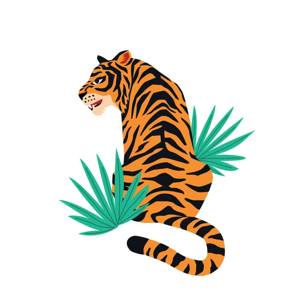 Vector card with cute tiger on white background and tropical leaves. Beautiful animal print design for t-shirt. — Stock Vector