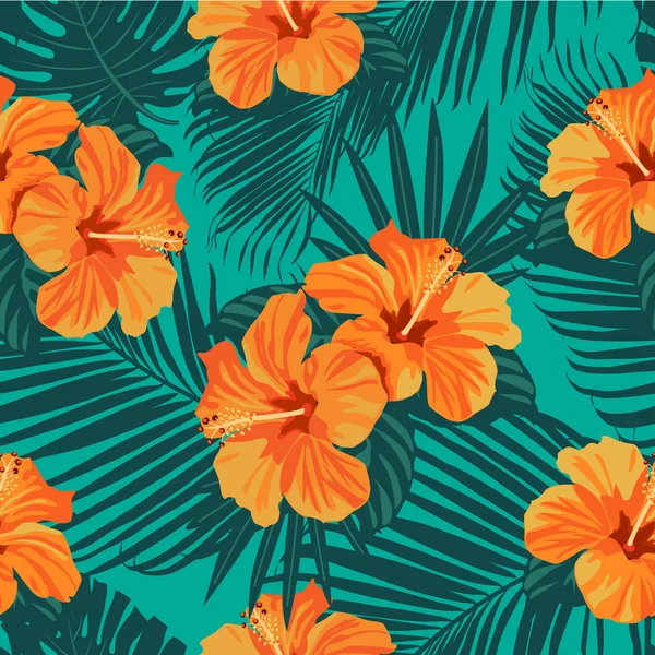 Flores tropicales y hojas de palma sobre fondo. Sin fisuras. Patrón vectorial . — Archivo Imágenes Vectoriales