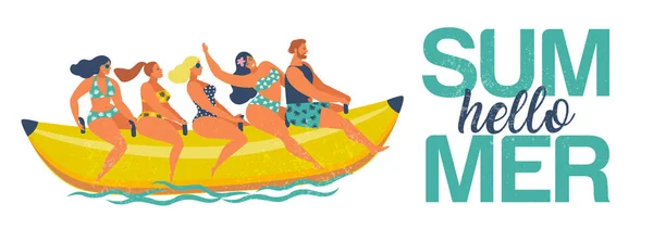 Wasserspaß im Sommer. Mann und Frau fahren auf einem Bananenboot. Hallo Sommer. Vektorillustration eines flachen Designs. — Stockvektor