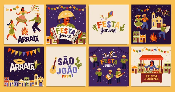 Festa Junina. Modelos de vetor para feriado latino-americano, a festa de junho do Brasil. Design para cartão, cartaz, banner, panfleto, convite . —  Vetores de Stock