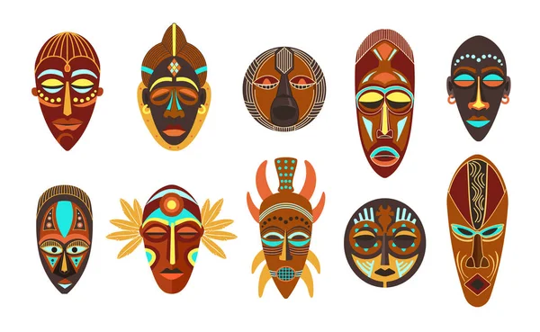 Flat set of colorful african ethnic tribal ritual masks of different shape isolated on white background. — Stock Vector