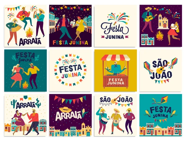 Celebração Tradicional Brasileira Festa Junina. Texto Português Brasileiro dizendo Aldeia dos Amigos. Festa de São João. Arraia Português Texto Brasileiro dizendo Feira. Arte vetorial . —  Vetores de Stock