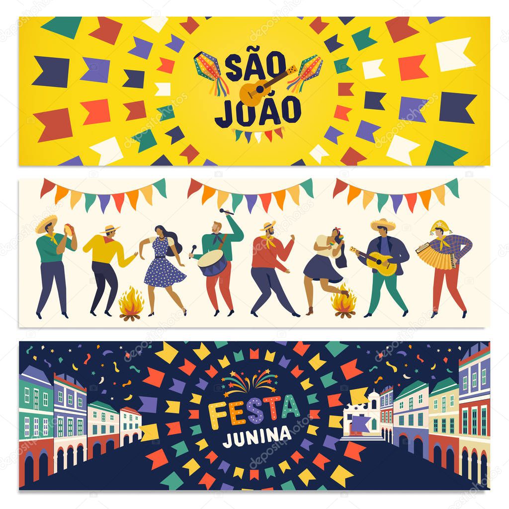 Brazilian Traditional Celebration Festa Junina. Portuguese Brazilian Text saying Friends Village. Festa de Sao Joao. Arraia Portuguese Brazilian Text saying Fair. Festive Typographic Vector Art.
