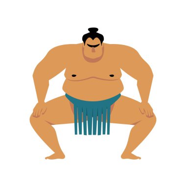 Sumo güreşçisi. Vektör karikatür illüstrasyon beyaz izole. Sevimli büyük Asyalı adam. Yükseltilmiş eller, tek bacak, arkadan görünüm.
