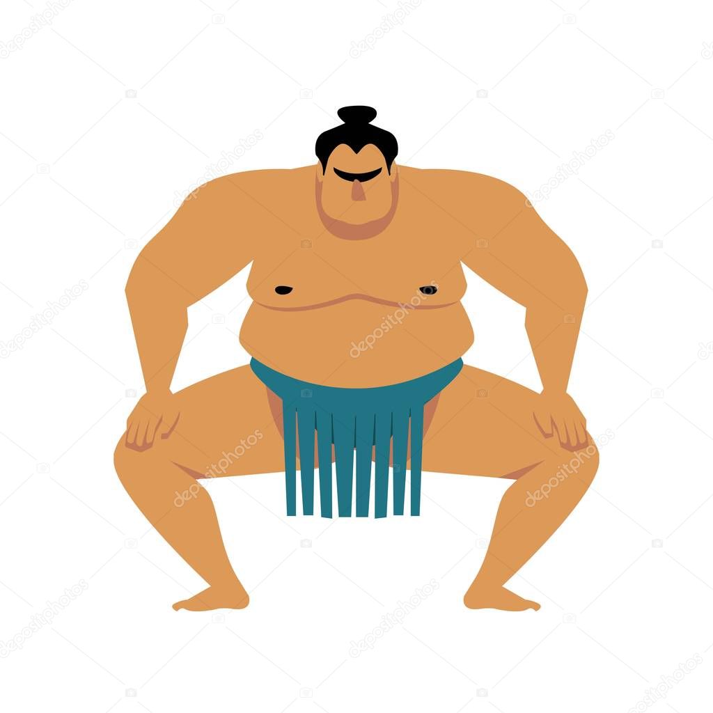 Sumo wrestler. Vector cartoon illustration isolated on white. Cute big Asian man. Raised hands, one leg, view from the back.