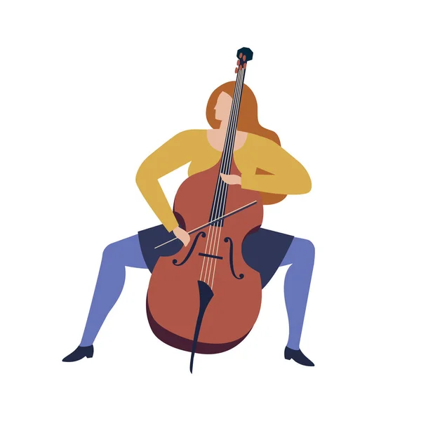 Mujer músico tocando violonchelo dibujo animado divertida ilustración en vector . — Vector de stock