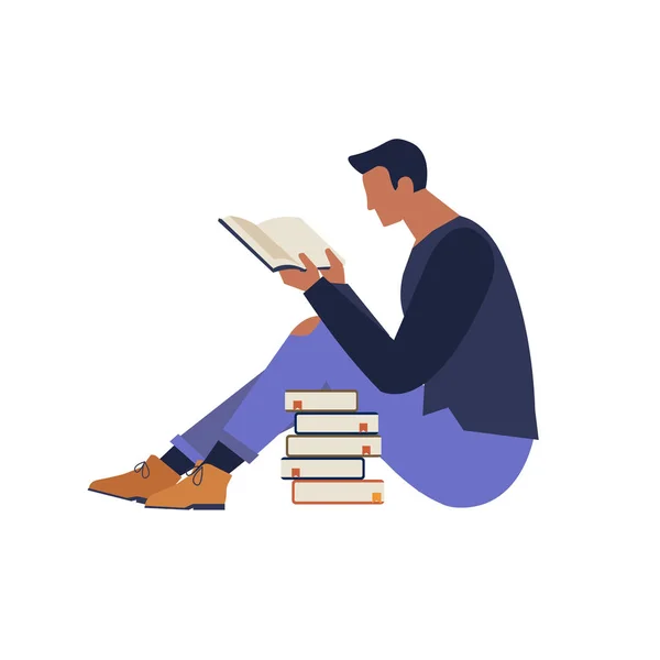 Libro festival poster concetto di un personaggio che legge un libro e libri accatastati disegno piatto illustrazione vettoriale — Vettoriale Stock