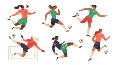 Womens futbol oyuncuları amigo hayranları favori takımın Merch işaretleri ile izole insan figürleri seti.