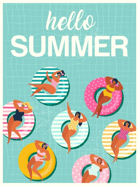 Hallo sommerbanner mit gils auf aufblasbarem schwimmring im schwimmbecken schwimmt hintergrund, exotisches florales design für banner, flyer, einladung, poster, webseite oder grußkarte. — Stockvektor