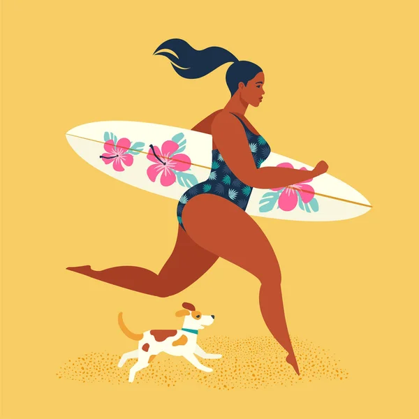 Férias de verão. Surfista menina correndo com um cão . — Vetor de Stock